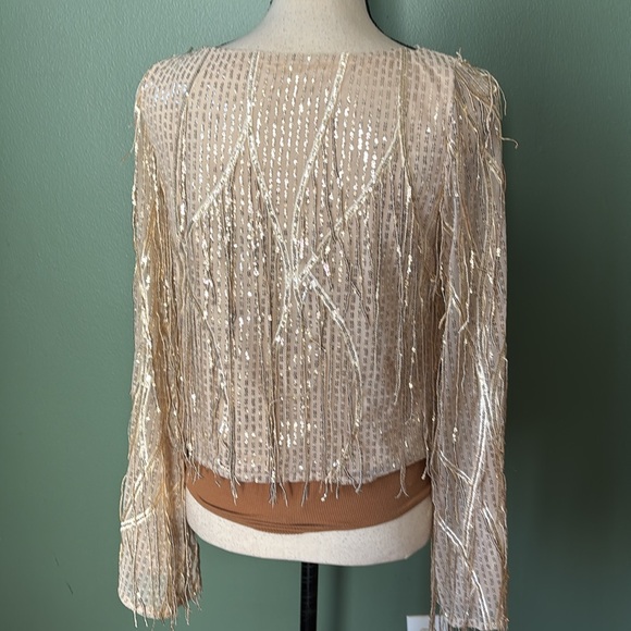 New women Sz S beige sequins embellished long sleeves party blouse top - Picture 7 of 9